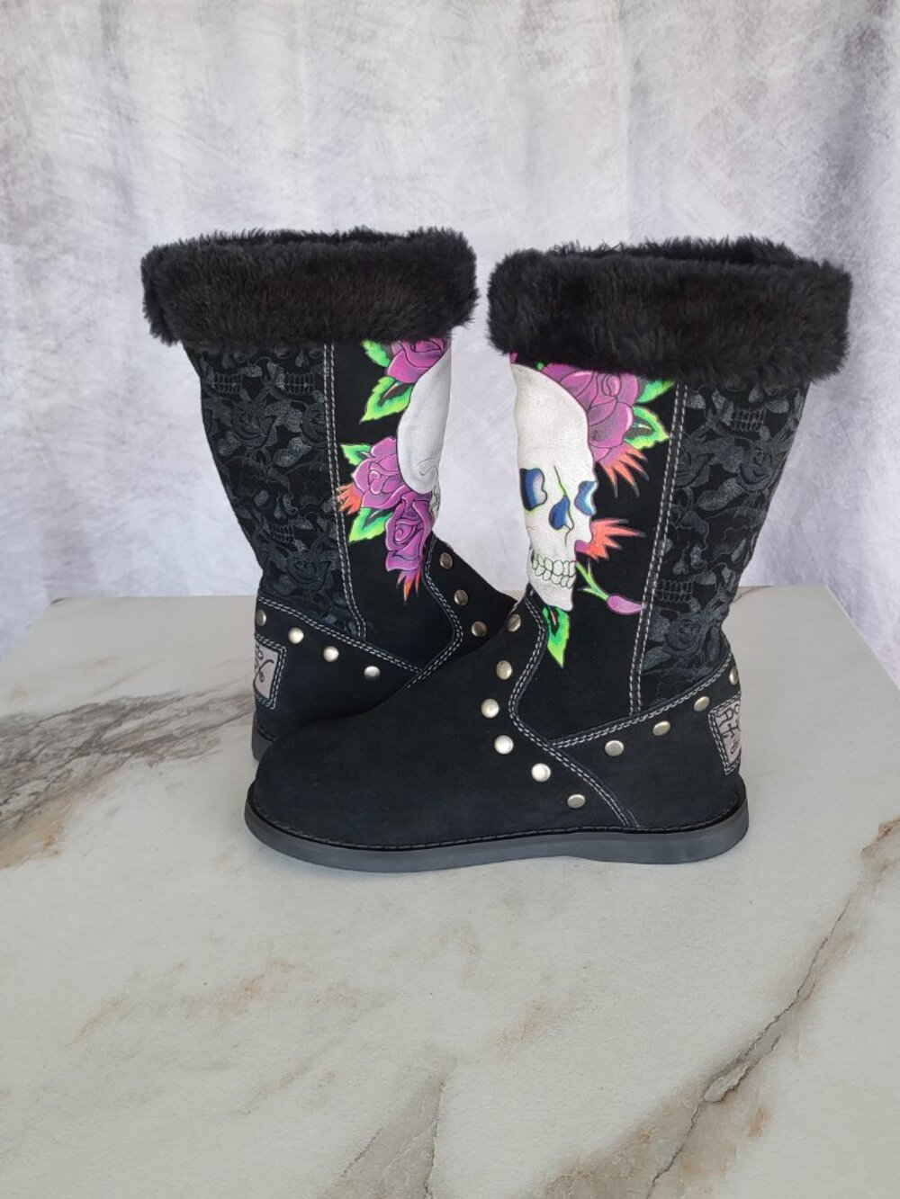 Ed Hardy Faux Fur Snow Boots Black Women's Size 6 - Picture 10 of 15
